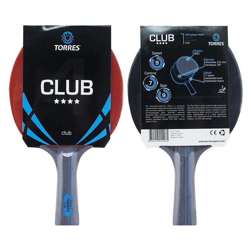 Ракетка для настольного тенниса TORRES Club 4*, арт.TT0008, для тренировок, накладка 2,0 мм, конич. ручка
